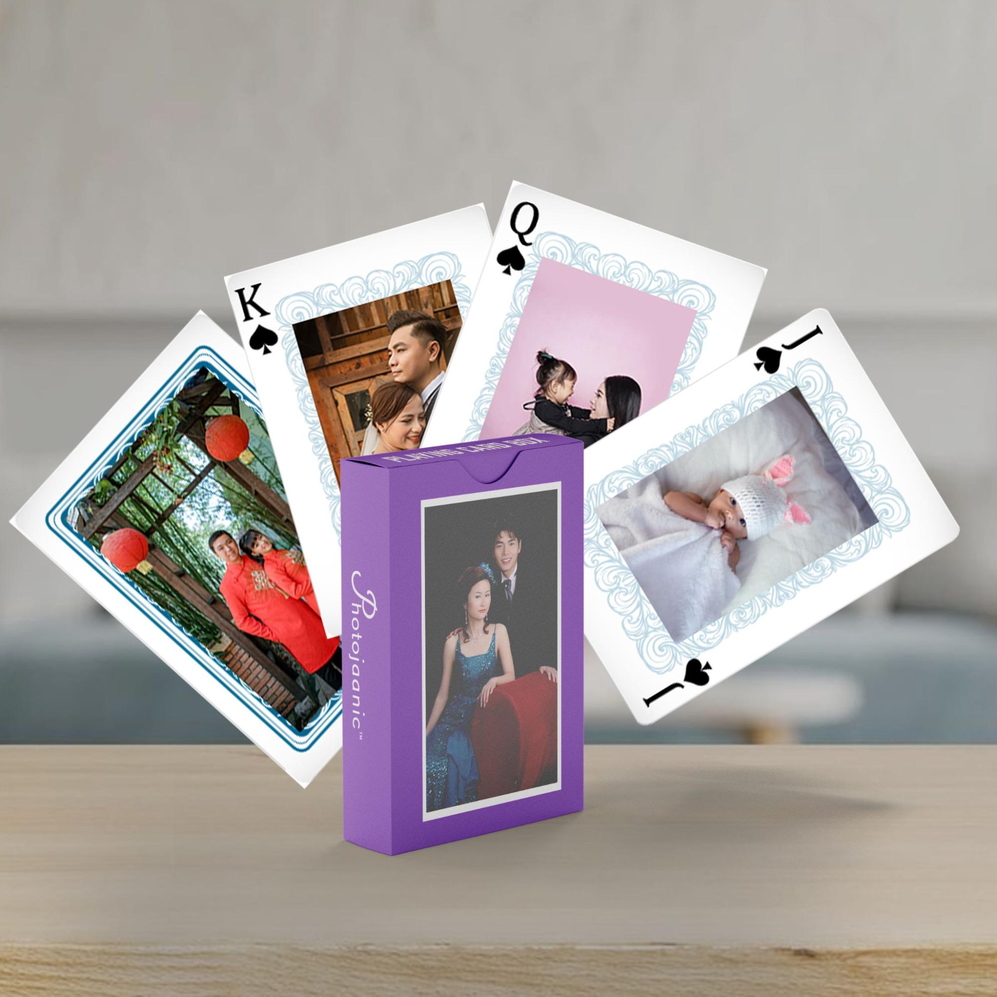 A purple playing card with pictures of a couple, perfect for Christmas gift ideas in Singapore