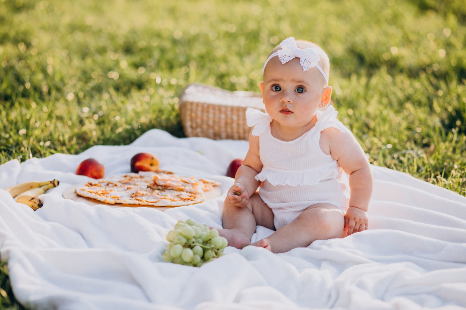 Joyful outdoor picnic-themed newborn baby photoshoot amidst nature
