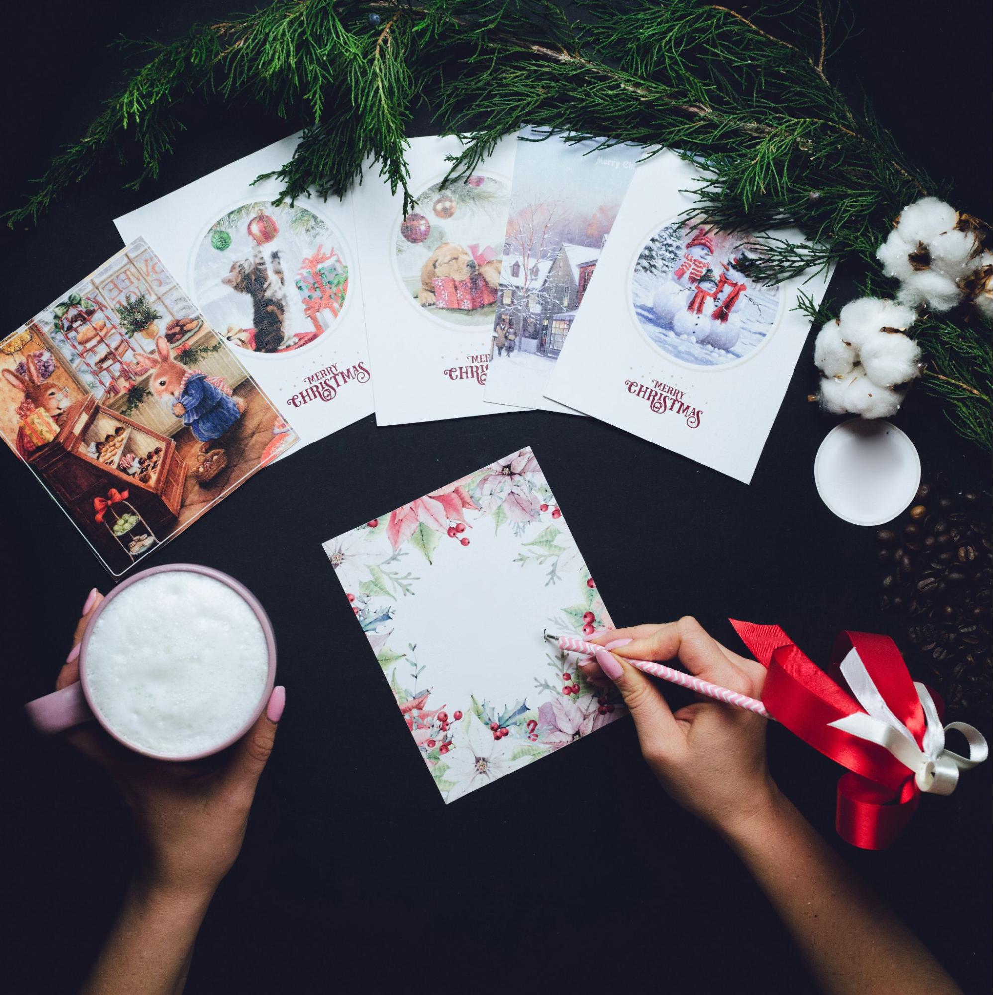 -Festive coffee break with Christmas cards and tree decorations