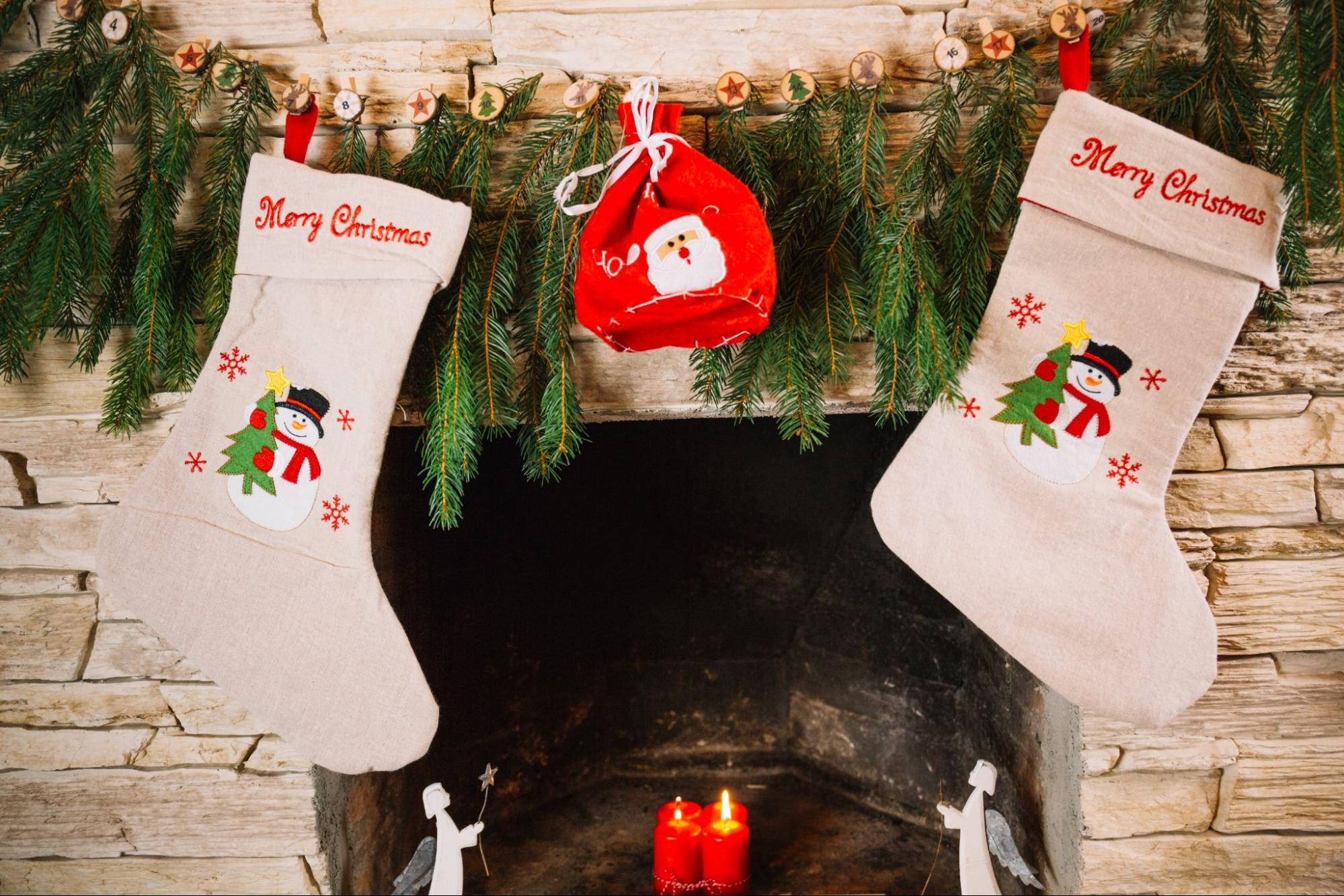 Christmas stockings hanging on a fireplace - a festive decoration for the holiday