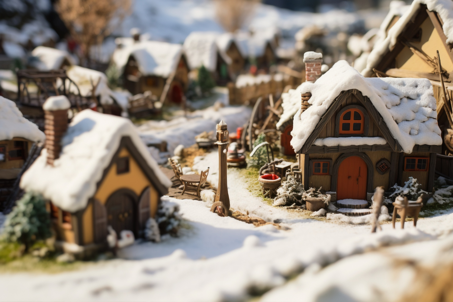 A miniature village is depicted in a snowy landscape, showcasing the charm of a Christmas village display.