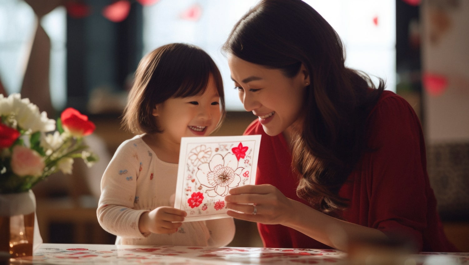 Woman and child smile, admiring new year card, enjoying family puzzles, and Chinese New Year gifts.
