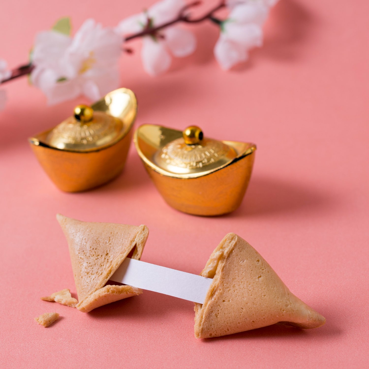 Shimmering gold coins on vibrant pink backdrop add elegance to DIY Dumpling Making Kit for Chinese New Year gifts.