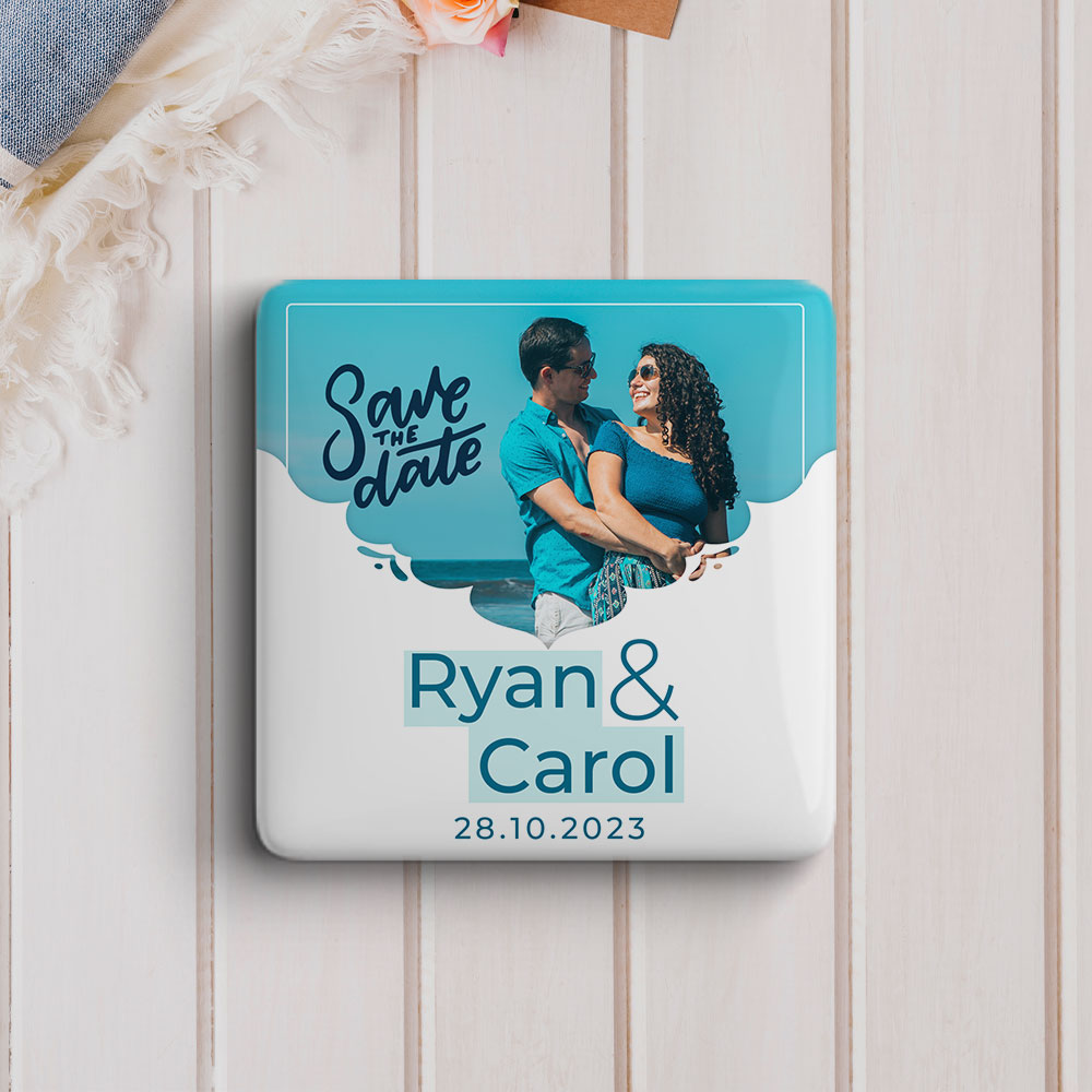 Custom wedding fridge magnets with couple's photo—romantic gift idea