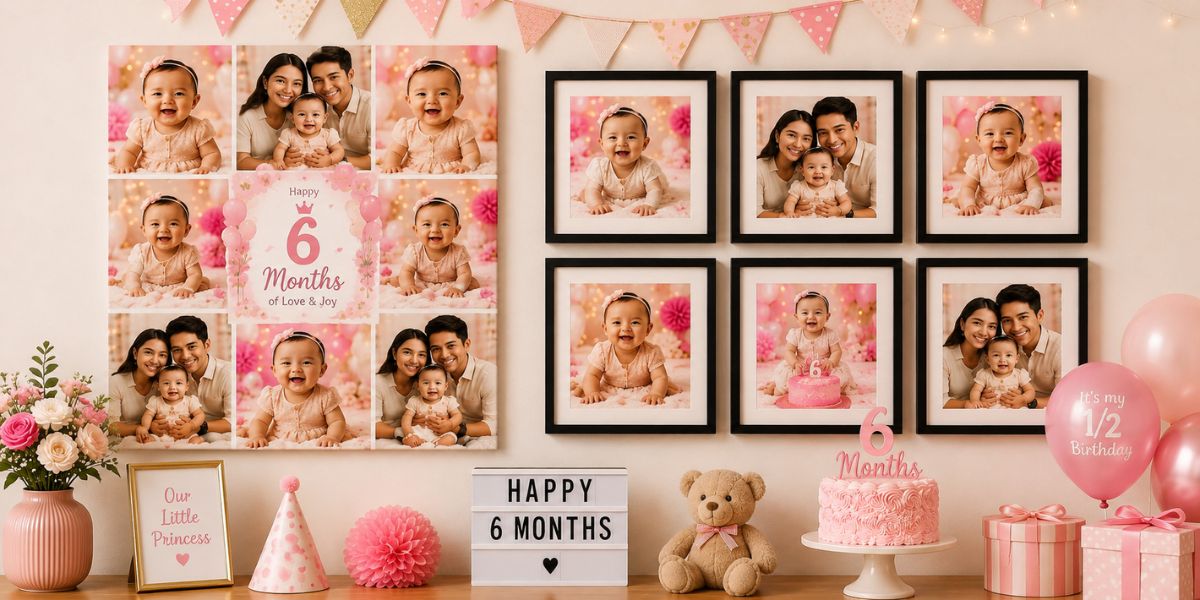 DIY wall photo display with family pictures for a baby's half birthday celebration