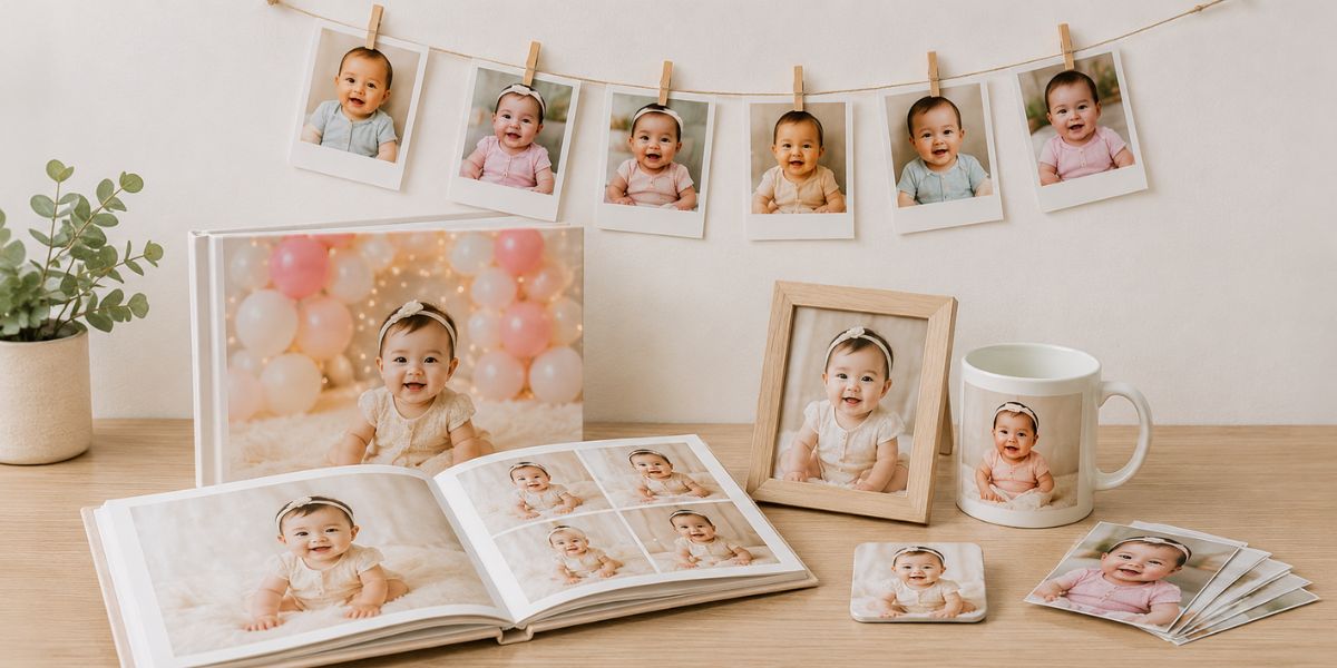 Baby milestone photo banner showing the first six months of growth