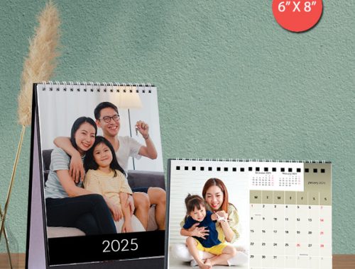 Custom photo calendar printing in Singapore, featuring personalized images and dates for 2025, available in various sizes and designs.