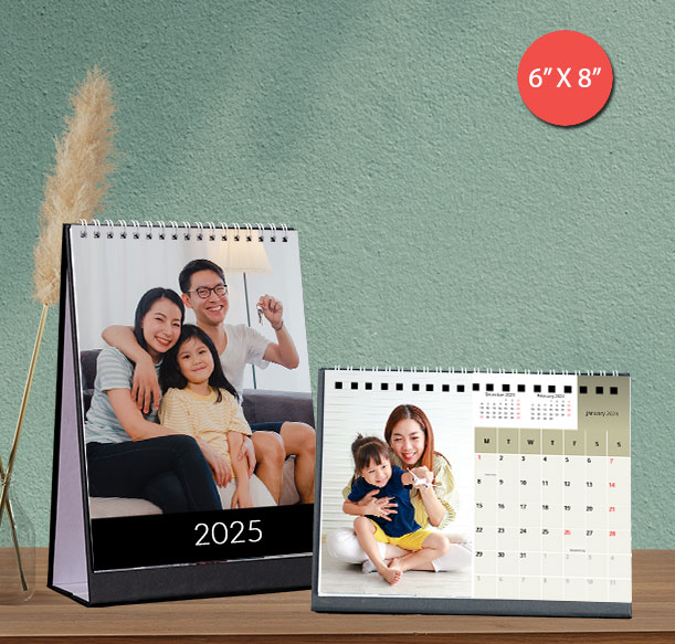 Custom photo calendar printing in Singapore, featuring personalized images and dates for 2025, available in various sizes and designs.