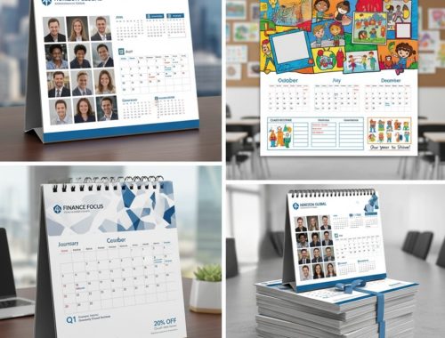 A professional corporate calendar with custom designs, logo placement, and seasonal promotions for branding purposes.