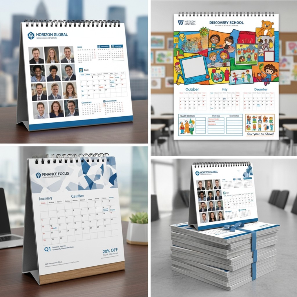 A professional corporate calendar with custom designs, logo placement, and seasonal promotions for branding purposes.