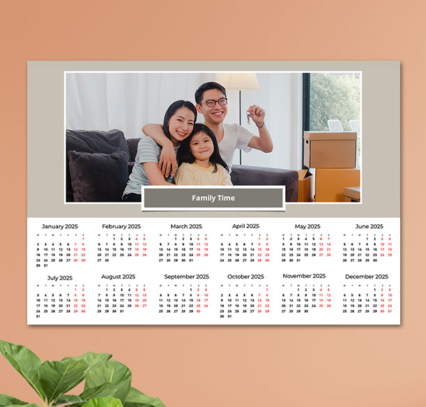 Personalized wall calendar with a family photo and the month of January 2025, designed for Singapore homes.