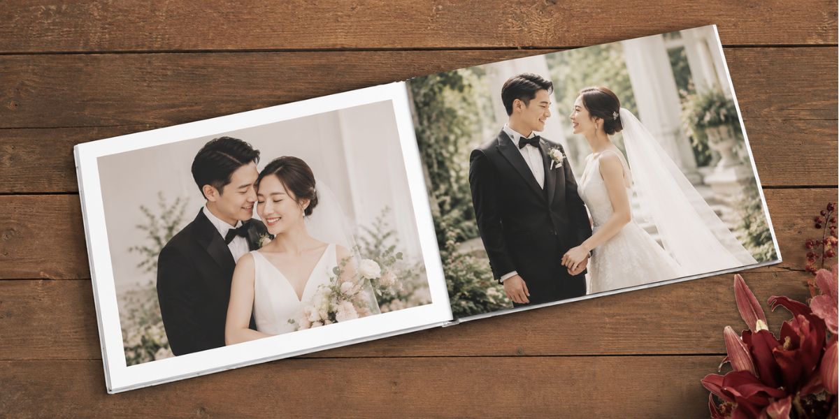 Custom wedding photo book filled with couple memories