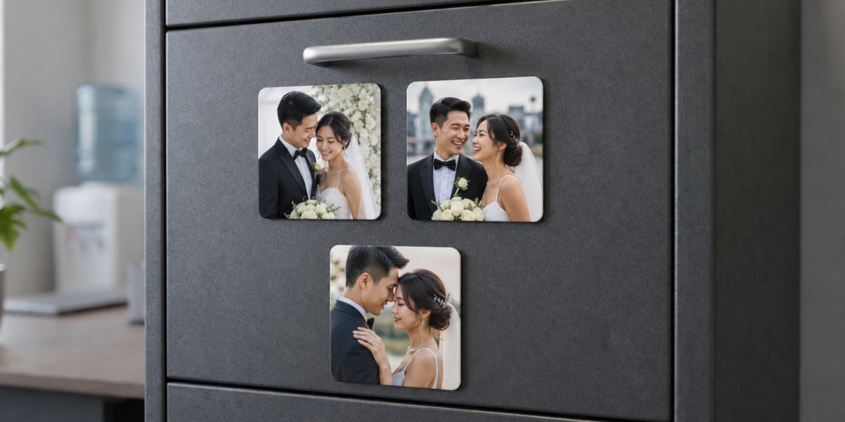 Personalised wedding fridge magnets with couple photo