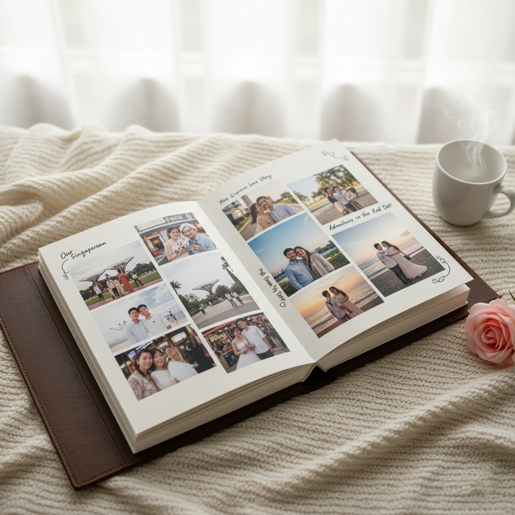Open personalized photo album with travel and family memories, a thoughtful birthday gift for wife in Singapore to cherish special moments
