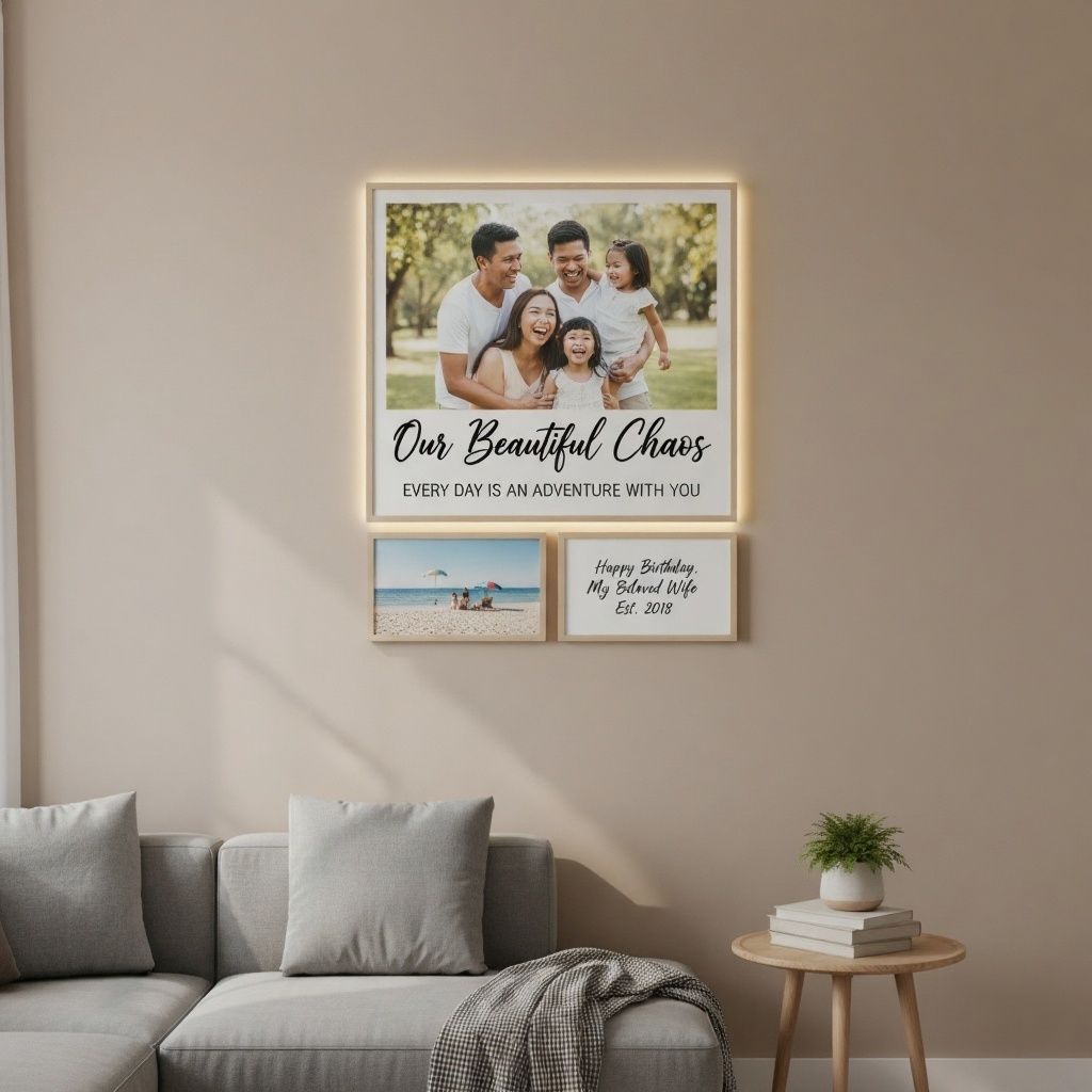 Personalized wall décor collage with family photos and quotes, ideal as a heartfelt birthday gift for wife in Singapore