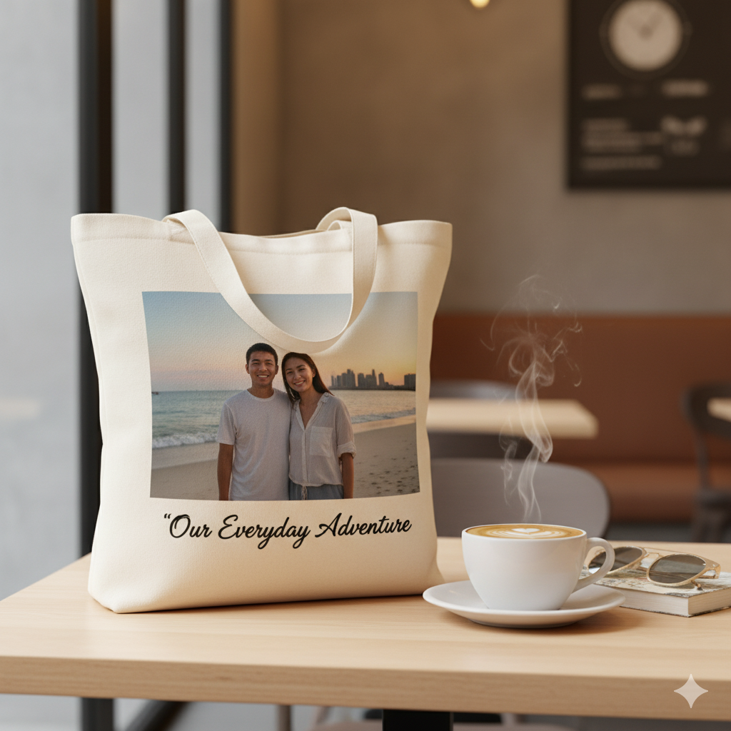 Personalized tote bag with photo and quote ‘Our Everyday Adventure,’ designed as a thoughtful birthday gift for wife in Singapore