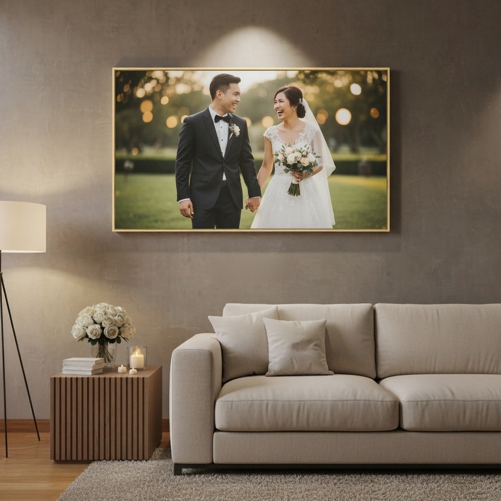 Large custom canvas print of a wedding portrait, displayed in living room as a meaningful birthday gift for wife in Singapore.