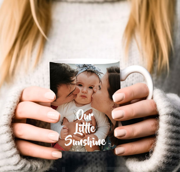 Personalized coffee mug with a beach sunset photo and text, making a unique and daily-use birthday gift for wife in Singapore