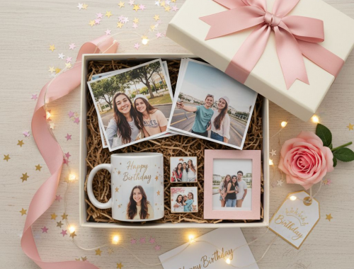 ersonalized 18th birthday gifts for girls in India including photo frames, photobooks, canvas prints, and mugs from Photojaanic, styled in pastel colors for a cozy celebration setup