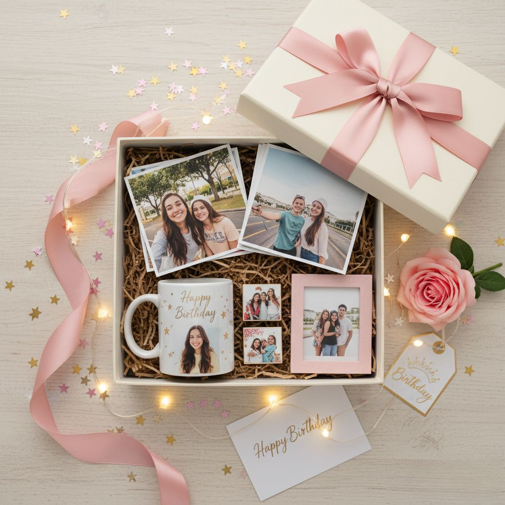 ersonalized 18th birthday gifts for girls in India including photo frames, photobooks, canvas prints, and mugs from Photojaanic, styled in pastel colors for a cozy celebration setup