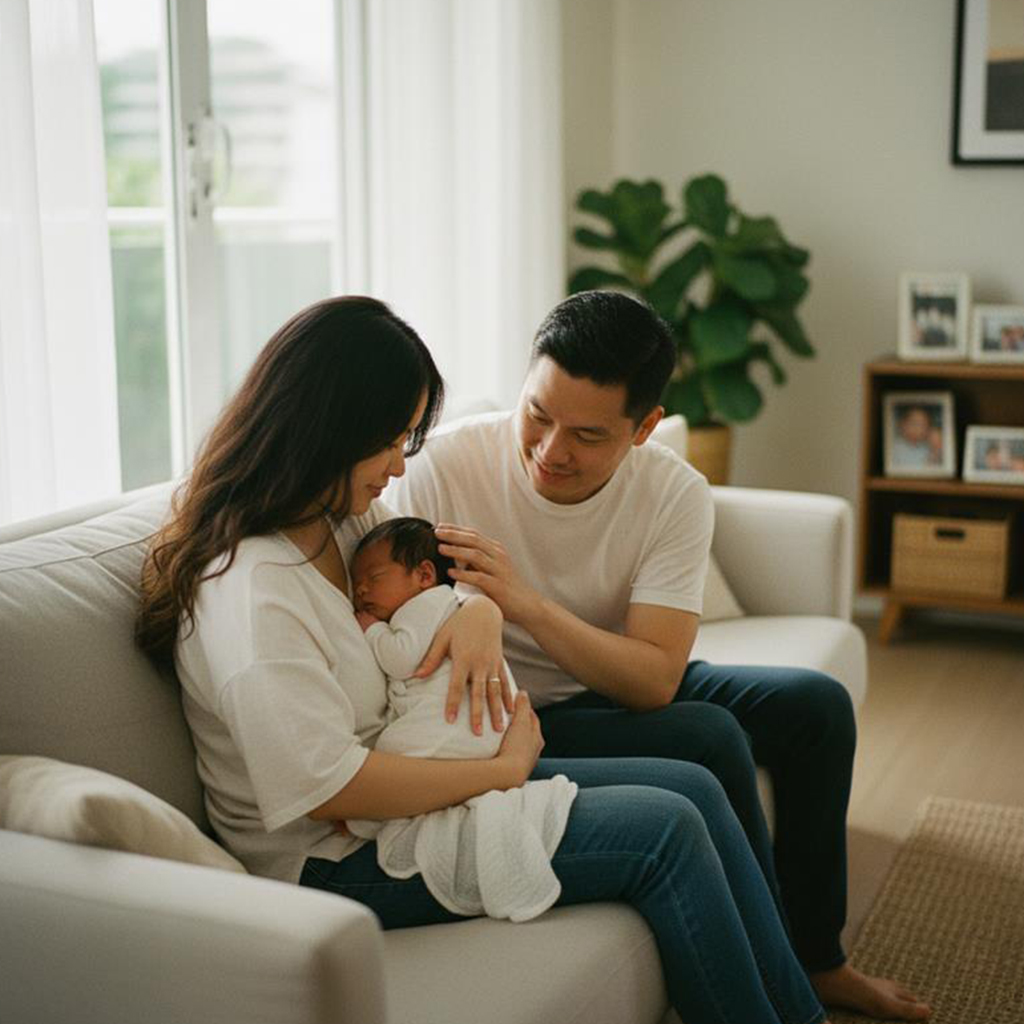 Singaporean parents grinning naturally while holding their newborn child in a family 