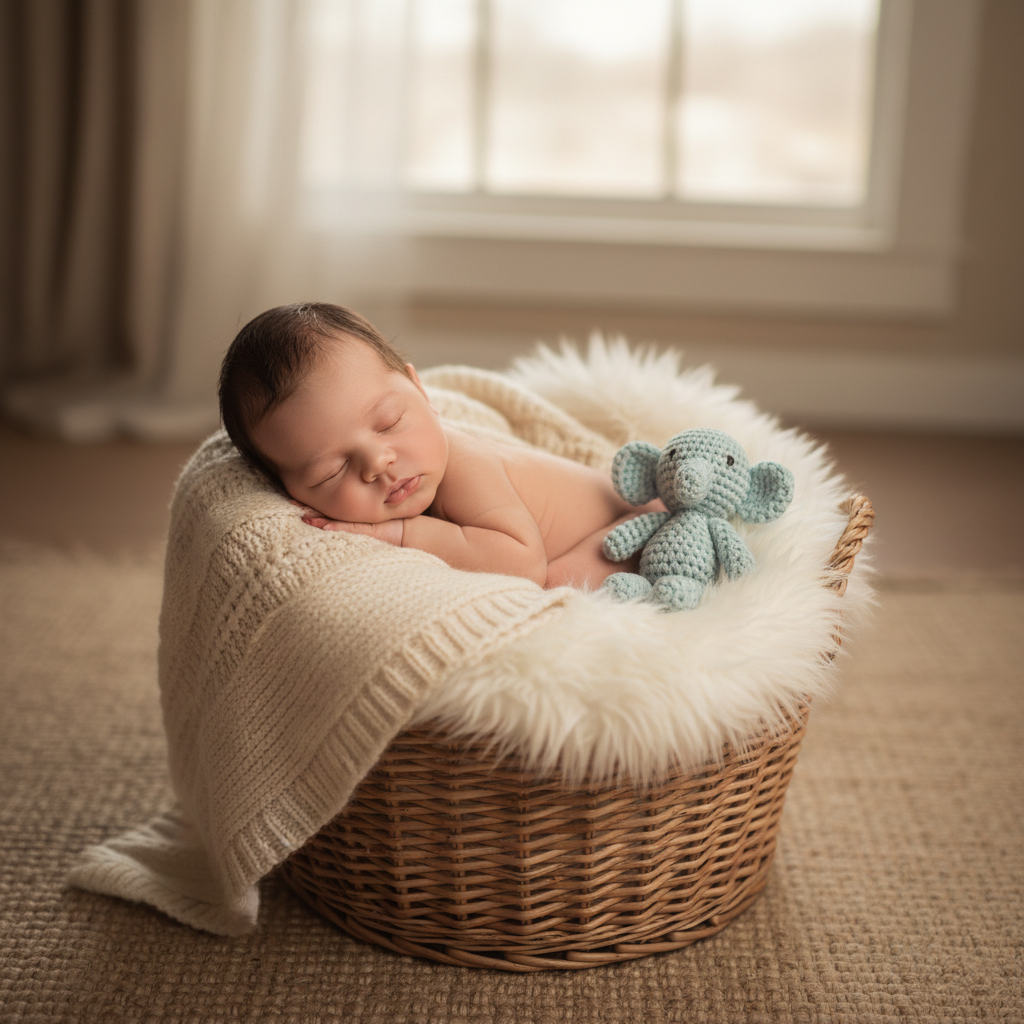 ewborn baby in a wicker or rattan basket with toys and cozy blankets, capturing the natural décor aesthetic popular in Singapore's warm climate