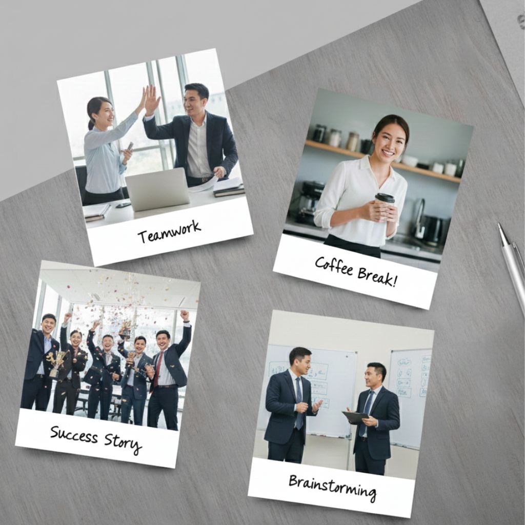 Personalized retro prints with vintage-style borders, perfect for office decor and team memories