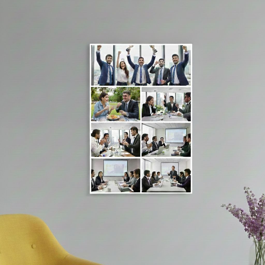 Custom collage posters showcasing company milestones, team moments, and employee recognition for corporate gifting.