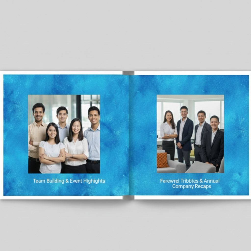 Custom hardcover photobooks featuring team photos, company milestones, and special events for corporate gifts.