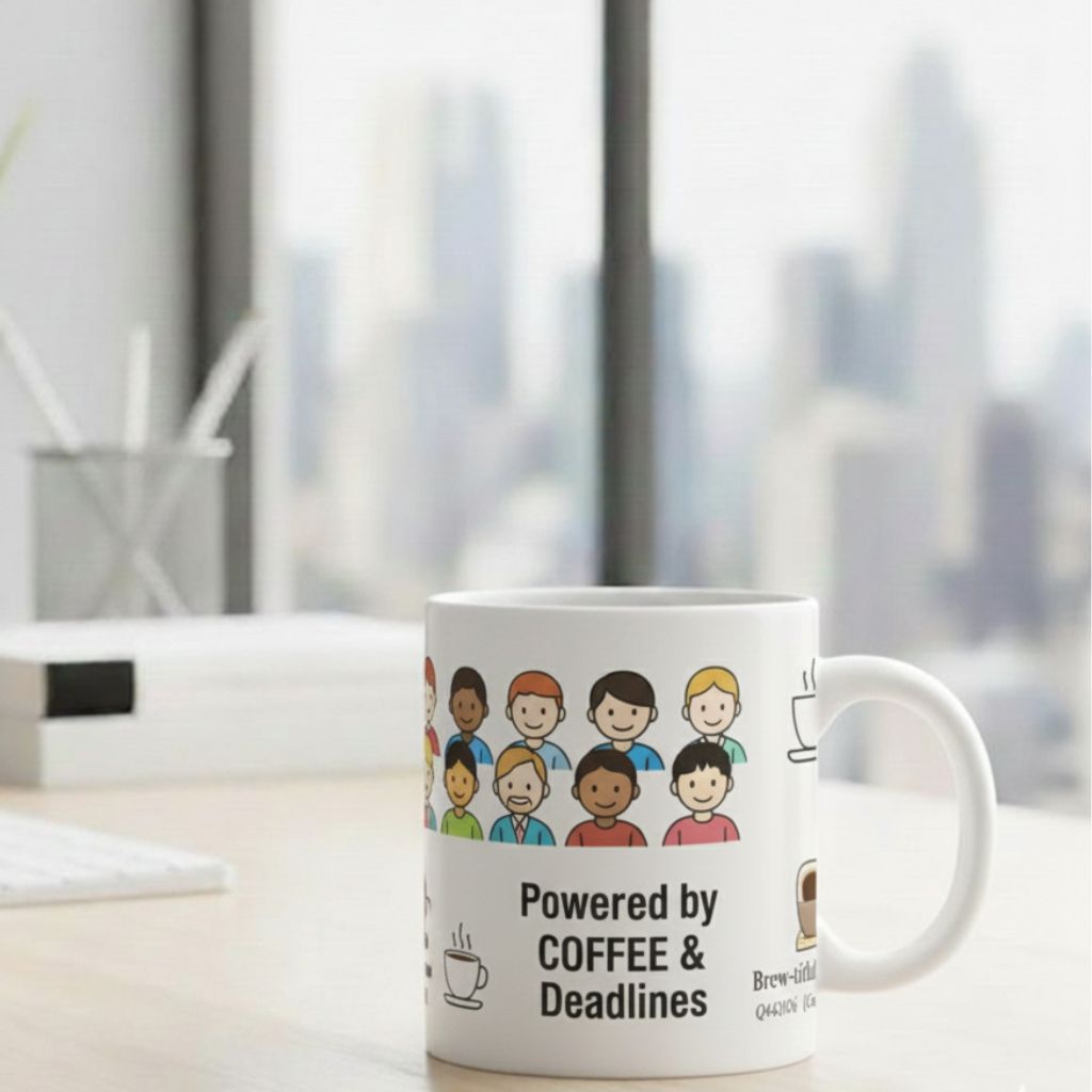 Custom coffee mugs with motivational quotes, team photos, and personalized designs for corporate gifting