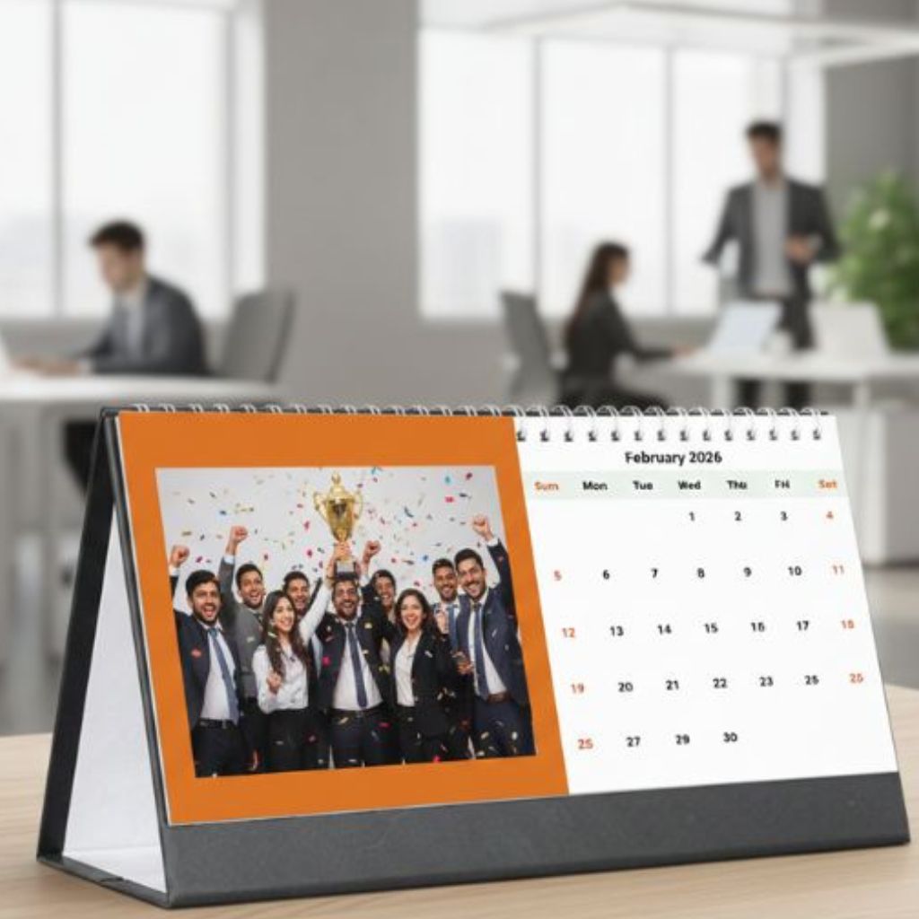 Personalized desktop calendars with team highlights, motivational quotes, and corporate branding for workplace gifting.