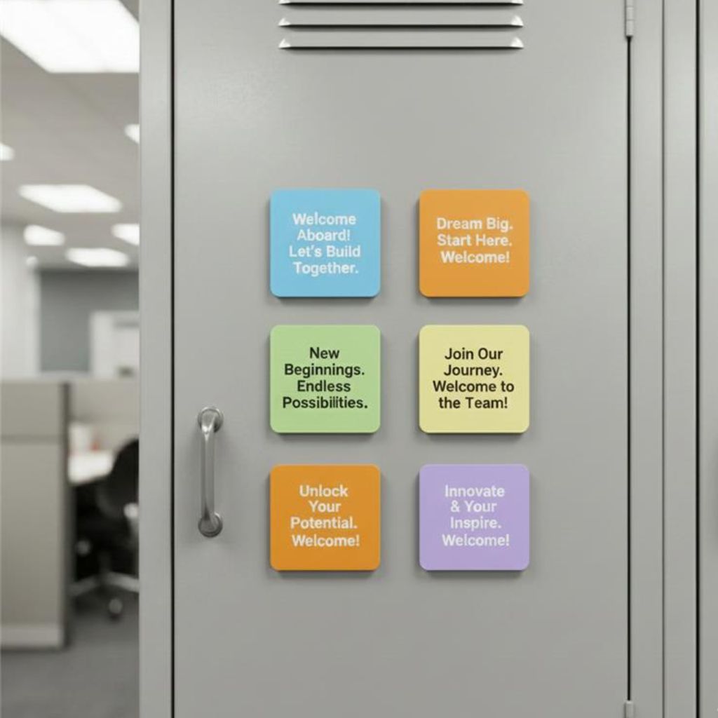 Personalized photo, logo, and quote magnets for company branding, desk decoration, and event giveaways