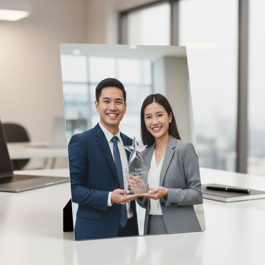Elegant custom table frames for displaying team moments, milestones, and inspirational messages in the office
