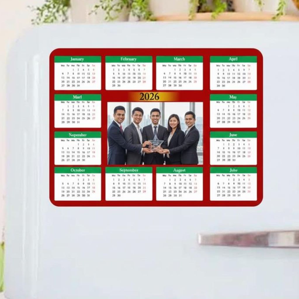Custom magnetic calendars featuring branding, photos, and team highlights for office organization and coworker gifting