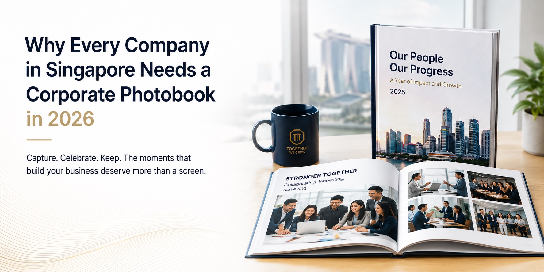 Custom corporate hardcover photobook open on a boardroom table displaying company events, team photos and business milestones in Singapore