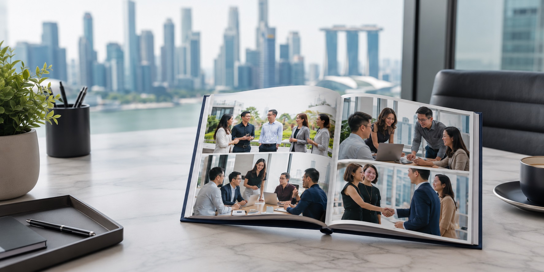 Corporate photobook Singapore featuring company events, team achievements and business milestones in a premium hardcover photo album