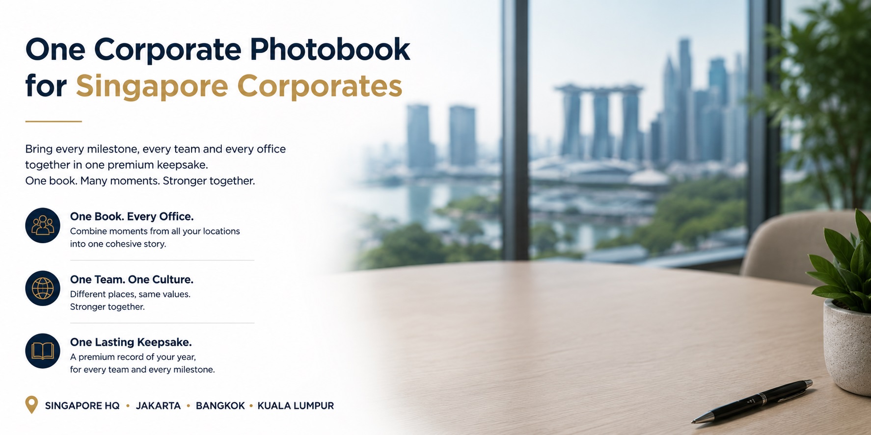 Corporate employee welcome kit with personalised company photobook, branded gifts and team culture photos in Singapore 
