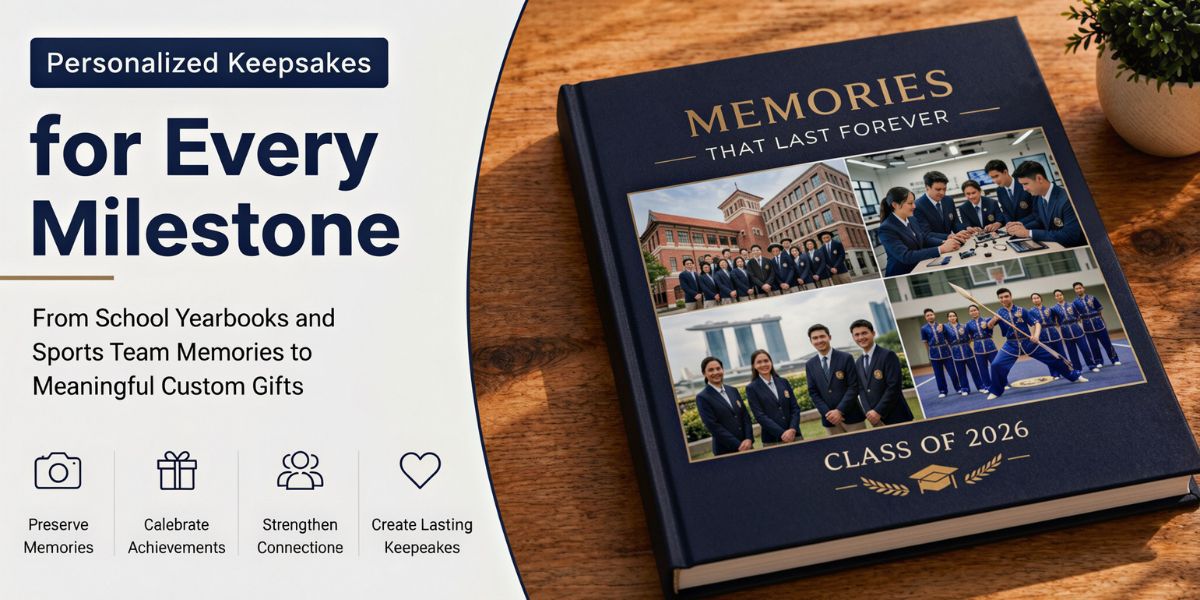 A collection of personalized school keepsakes including a custom school yearbook, a personalized graduation photobook, and custom sports team magnets arranged on a desk