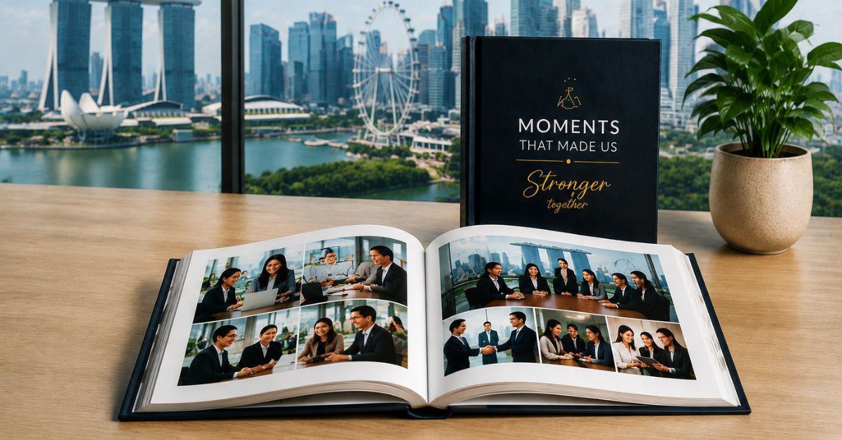 Custom corporate photobook Singapore — hardcover portfolio book for business milestones and client gifting