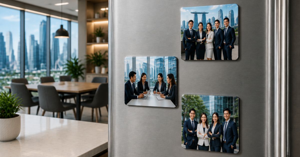 Personalised brand magnets Singapore — custom corporate photo magnets for office gifting Photojaanic SG 