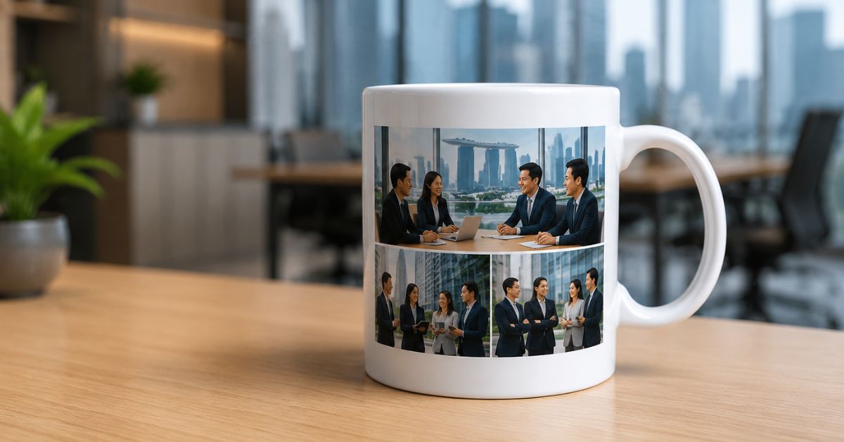 Custom branded photo mug Singapore — personalised corporate mug with company logo for employee gifting