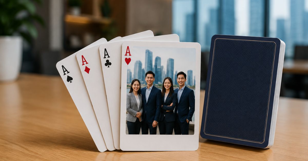 Custom playing cards Singapore — personalised corporate playing cards with company branding Photojaanic SG 