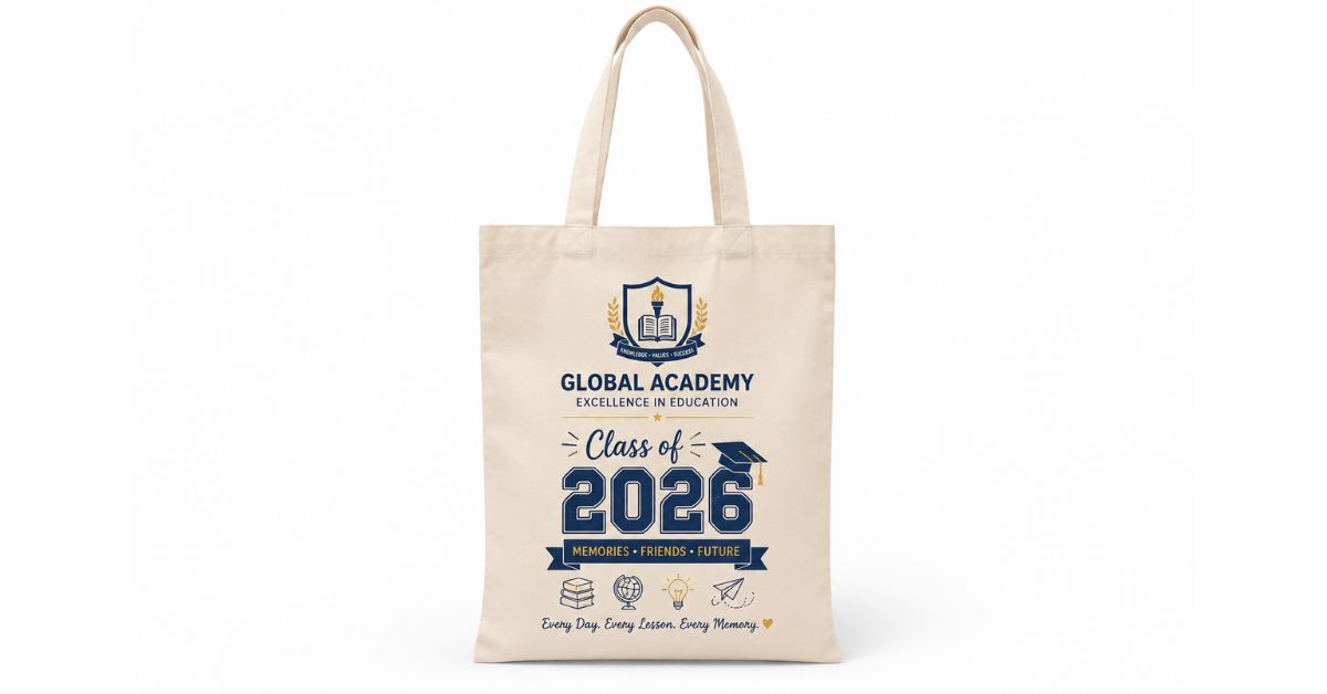 A canvas personalized tote bag featuring a school logo and graduation year being used as a practical daily bag by a student