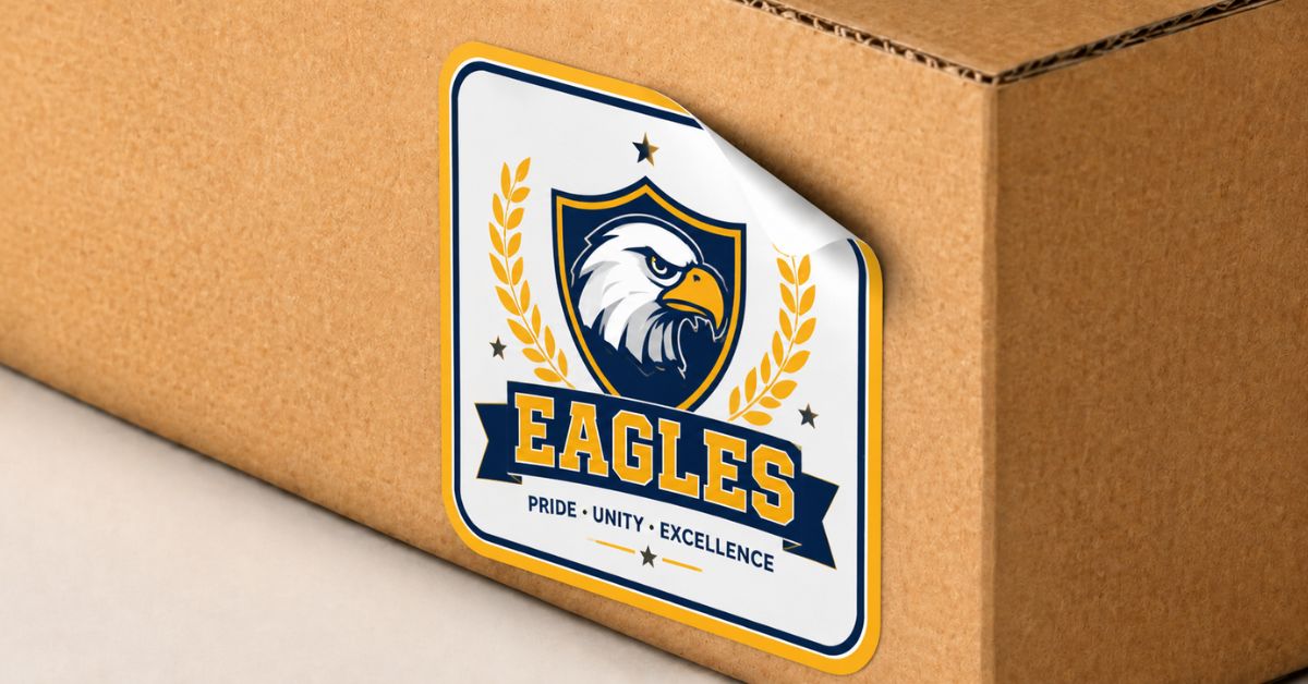 A collection of colorful custom stickers featuring school mascots and graduation batch designs used as student rewards on a laptop lid