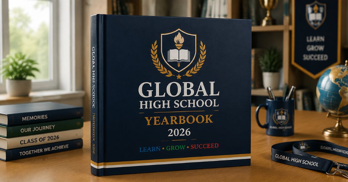 An open personalized memory photobook showcasing vibrant layouts of a school annual day and educational trip with custom text captions