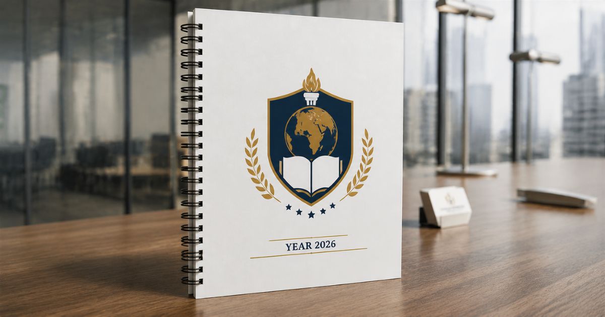 A personalized notebook with clean school branding and a student name alongside a pen on a study table