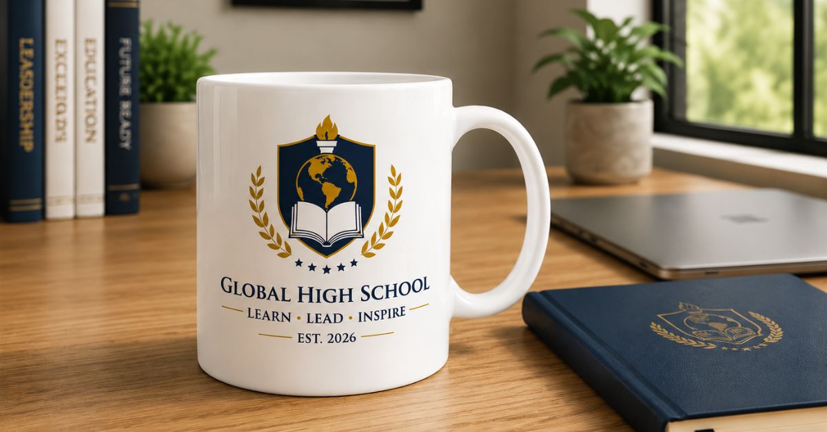 A personalized custom mug featuring a class photo and a teacher appreciation message sitting on a classroom desk