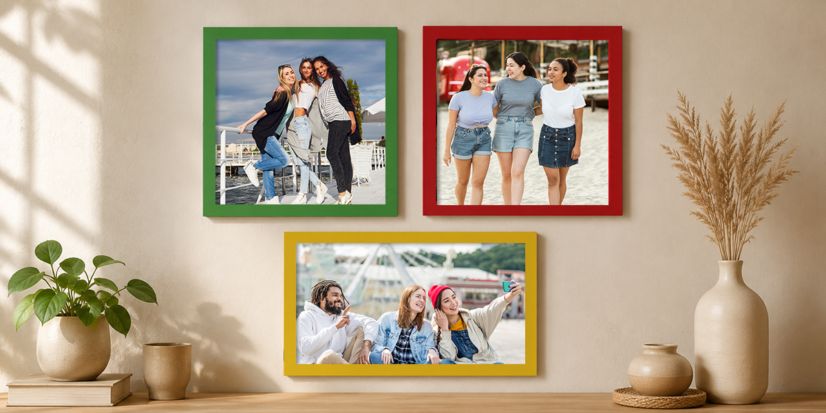 Colourful personalised photo frames in Singapore featuring memorable moments with friends