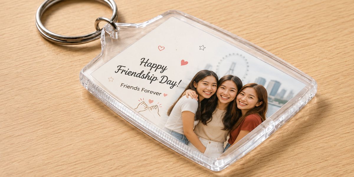 Custom Friendship Day photo keychain featuring three best friends and a Friends Forever message