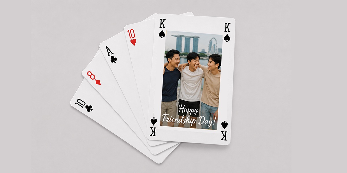 Personalised Friendship Day playing cards in Singapore featuring a group photo of close friends